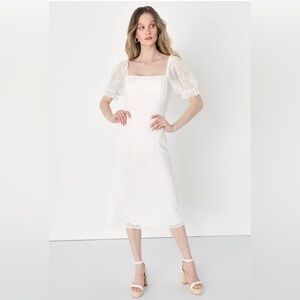 Lulus Women’s Delicate Desires White Mesh Puff Sleeve Midi Dress XS
